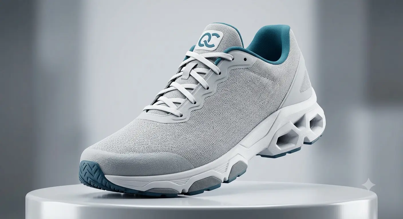 A grey and teal QC Shoes running shoe in profile, showing the cushioned midsole pods and treaded outsole